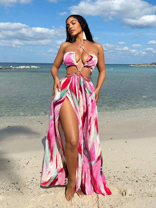 SXY Women Tie Dye Printed Hollow Out Cross Halter Split Dress For Beach Vacation