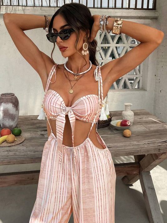 KARISMINA Women's Vacation Casual Striped Bandeau Top And Fringed Long Pants 2 Pieces Set Island Vacation Outfits